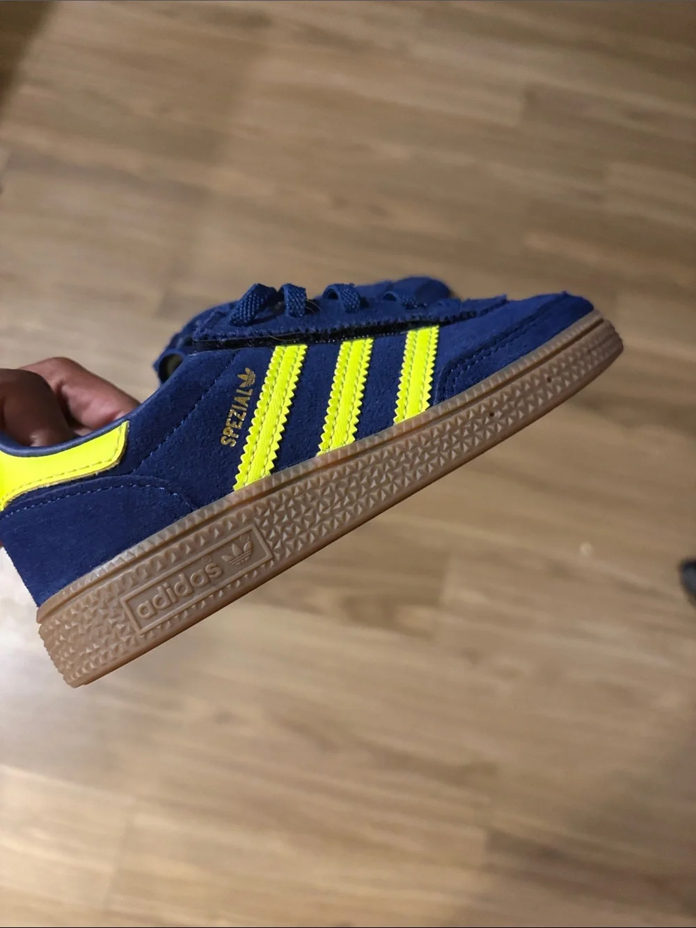 adidas Suede Sneaker in Navy with Neon Yellow Stripes